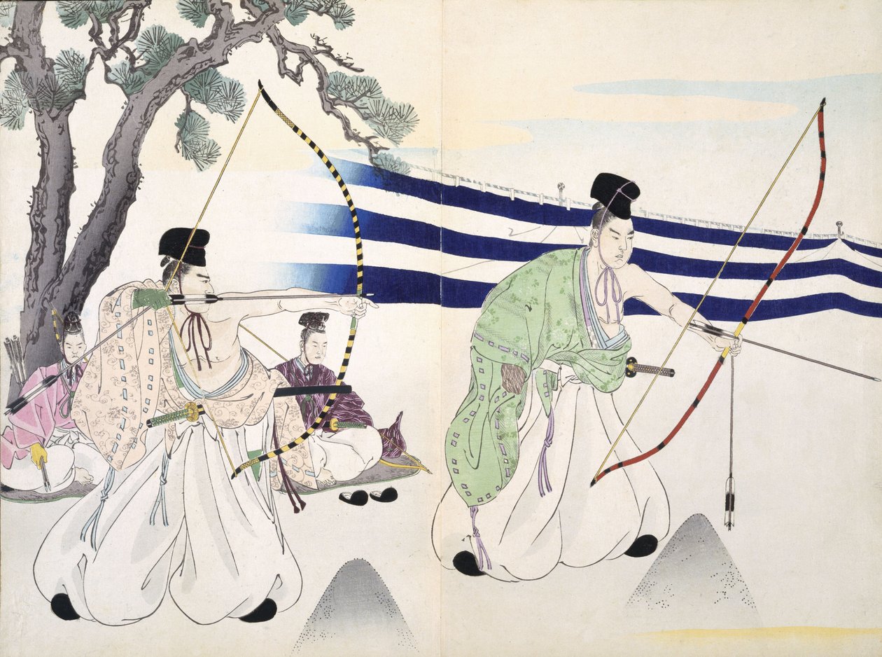 Adelsmenn øver bueskyting (detalj se 255314), 1800-tallet, fra et album med tresnitt, farget treblokktrykk av Japanese School