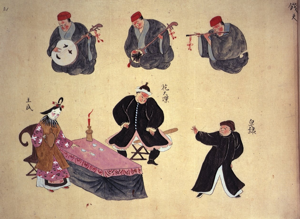 Or.961 fol.21 Musicians and Performers, fra 'Musical Performances of Ryukyu', ca. 1800-50 (vellum) av Japanese School