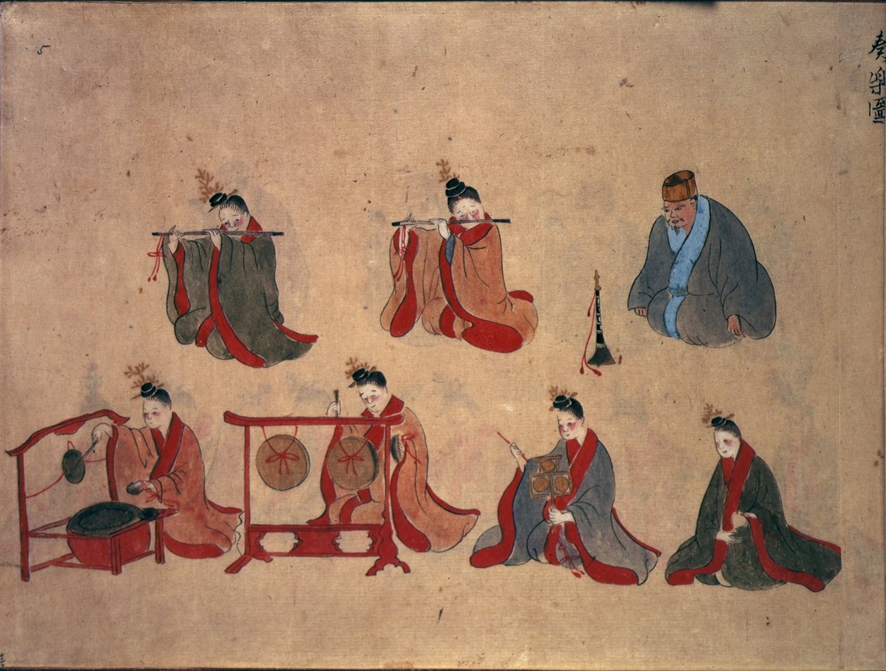 Or.961 fol.5 Sju sittende musikere, fra de musikalske forestillingene til Ryukyu, ca. 1800-50 (penn og blekk og akvarell på papir) av Japanese School