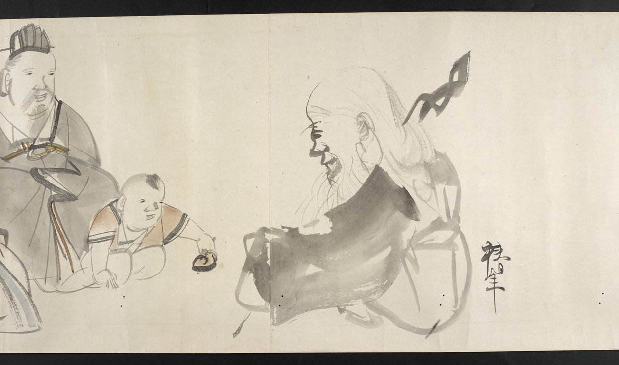 Eller. 14872, f.30 To voksne og et barn, fra Yoshida Seisai (handscroll) av Japanese School