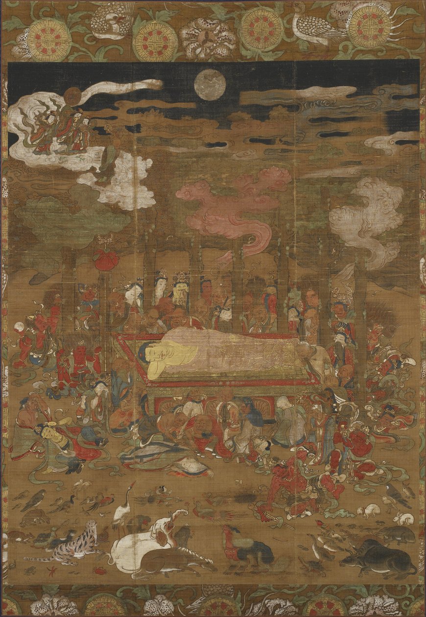 Parinirvana av Sakyamuni, den historiske Buddha (blekk, farge og gull på silke) av Japanese School