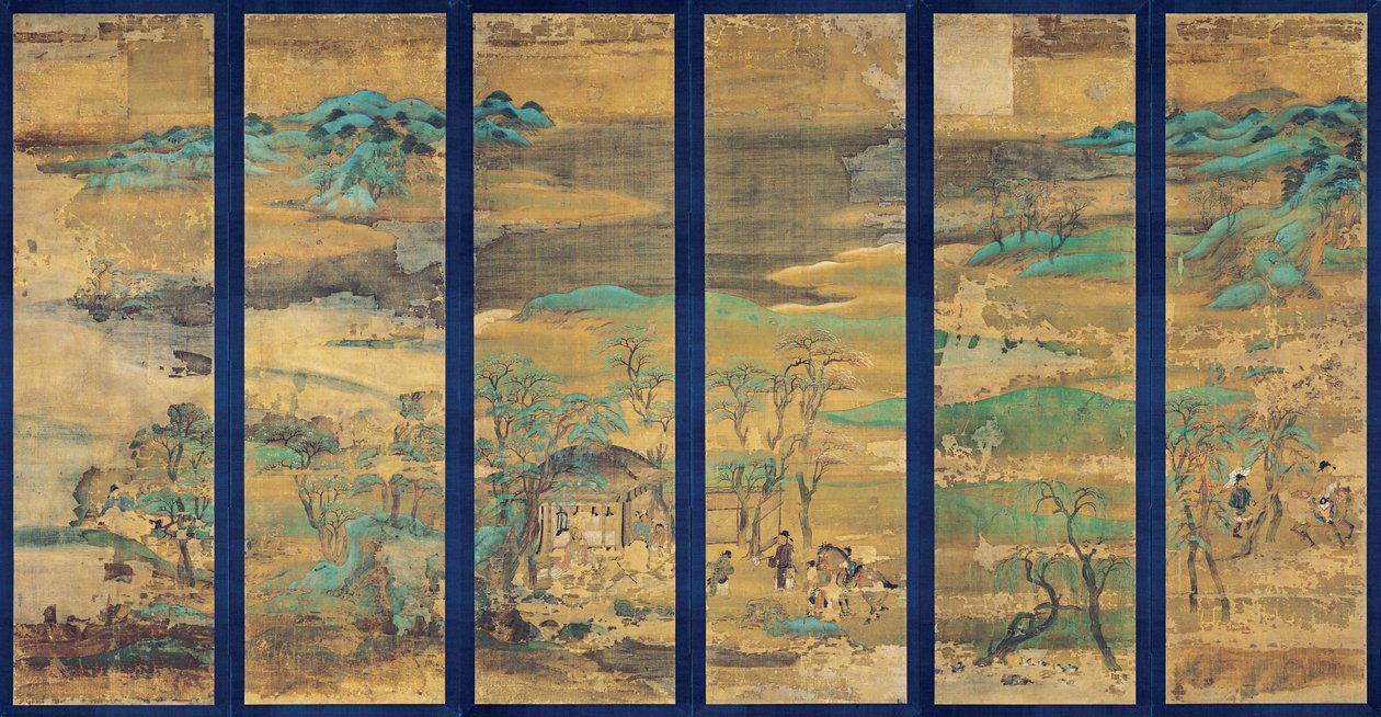 Paysage (Landskap) Skjerm i seks paneler - Anonymt arbeid, gouache på silke av Japanese School