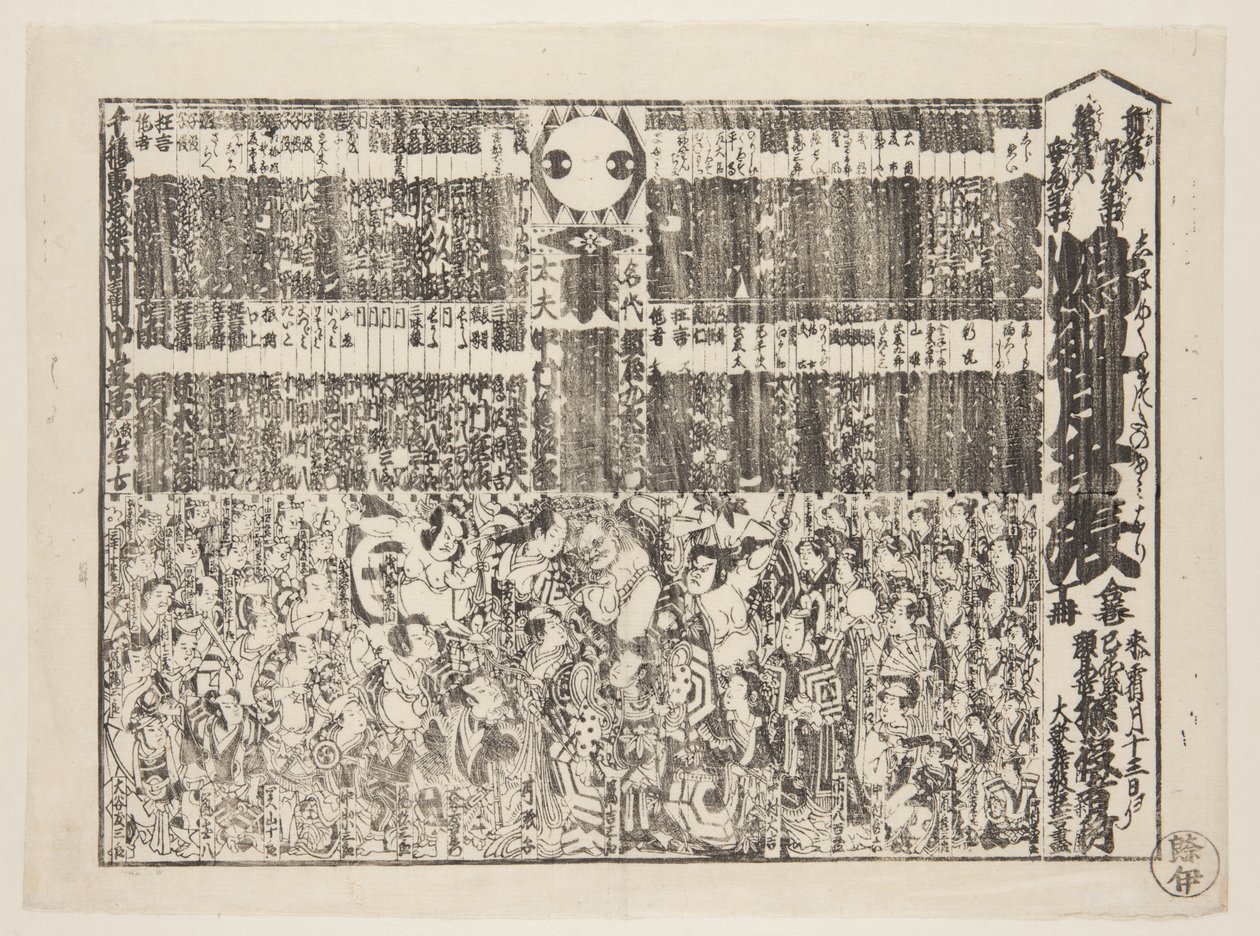 Playbill for sesongåpningsprogram (Kaomise banzuke) (farget treblokktrykk) av Japanese School
