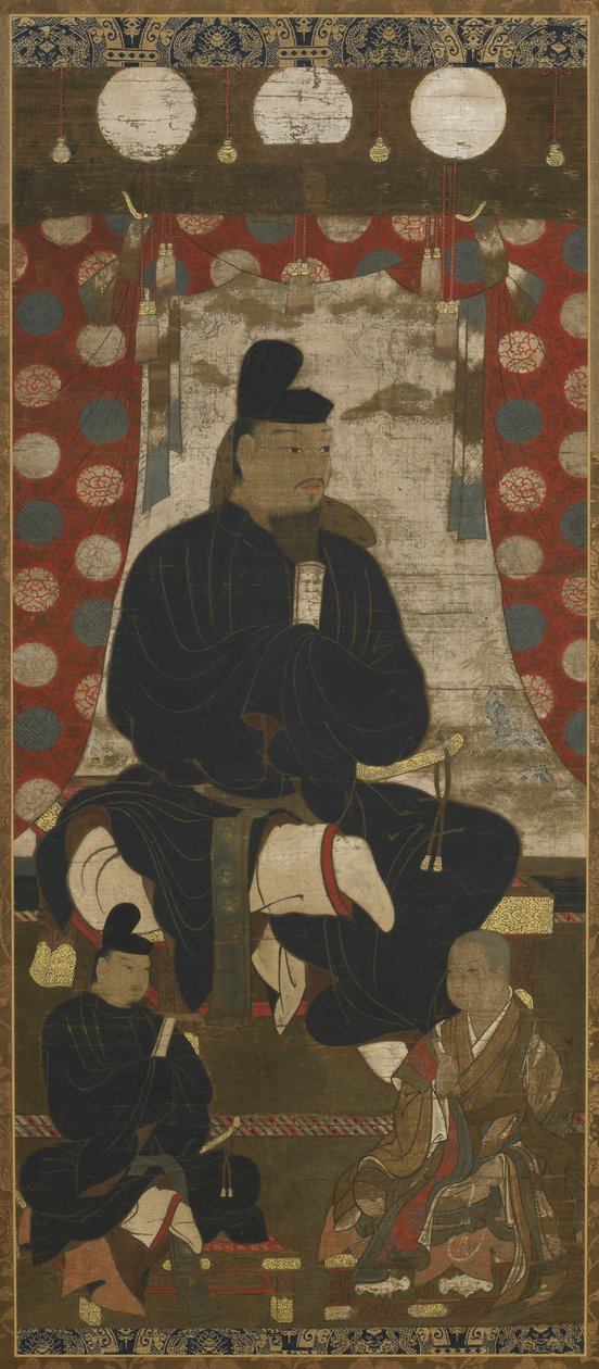 Portrett av Fujiwara no Kamatari (614-669) akkompagnert av to sønner, Muromachi-perioden (blekk, farge og gull på silke) av Japanese School