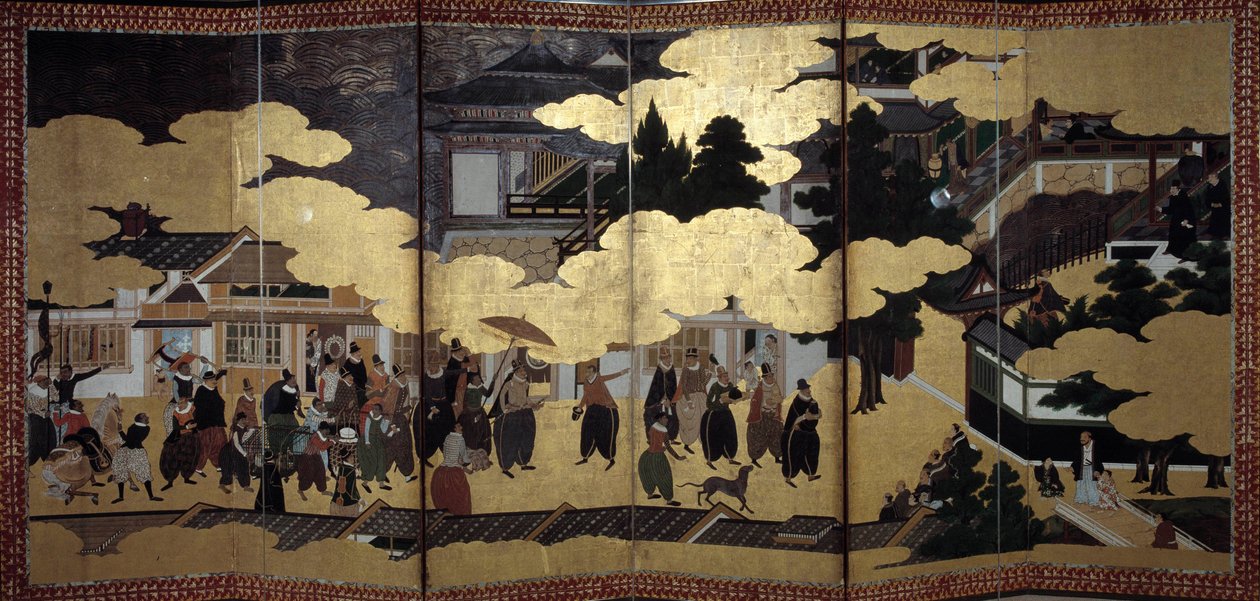 "Portugisisk" skjerm: en representasjon av ankomsten av portugisiske jesuittmisjonærer til Japan på 1500-tallet. Realisert av Kanoskolen (?). 1593-1600. Lisboas museum for antikk kunst av Japanese School