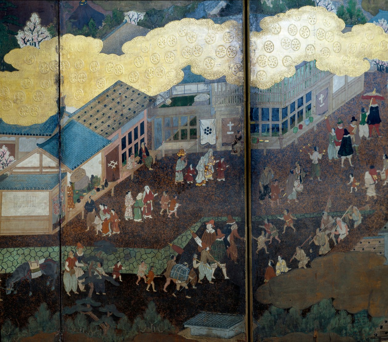 "Portugisisk" skjerm: en representasjon av ankomsten av portugisiske jesuittmisjonærer til Japan på 1500-tallet. Detalj. Realisert av Kanoskolen (?). 1593-1600. Lisboas museum for antikk kunst av Japanese School