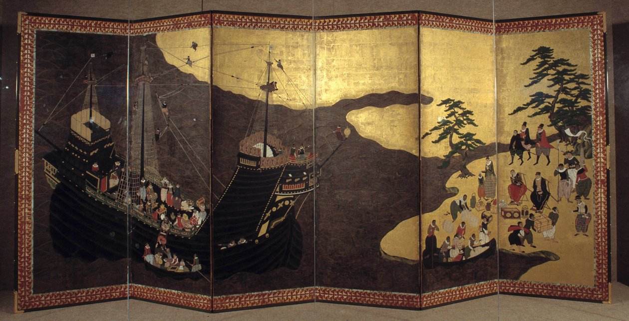 "Portugisisk" skjerm som representerer ankomsten av portugisiske jesuittiske misjonærer til Japan på 1500-tallet. 1590-1614. Kano skole (?) Lisboa. Nasjonalmuseet for antikk kunst av Japanese School