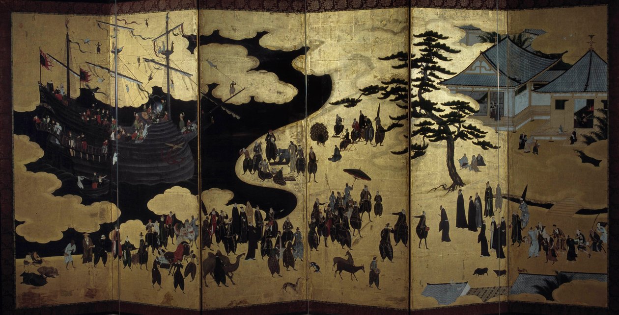 "Portugisisk" skjerm som representerer ankomsten av portugisiske jesuittmisjonærer til Japan på 1500-tallet. 1590-1614. Kano skole (?) Lisboa. Nasjonalmuseet for antikk kunst av Japanese School