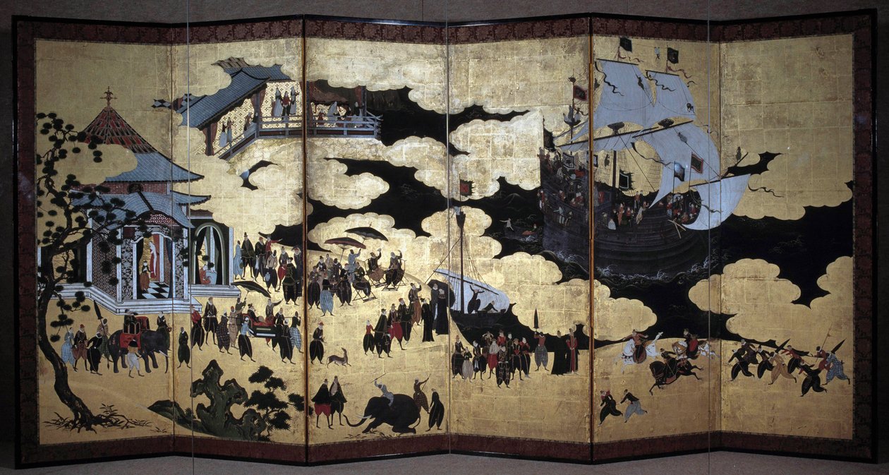 "Portugisisk" skjerm som representerer ankomsten av portugisiske jesuittmisjonærer til Japan på 1500-tallet. 1590-1614. Kano skole (?) Lisboa. Nasjonalmuseet for antikk kunst av Japanese School