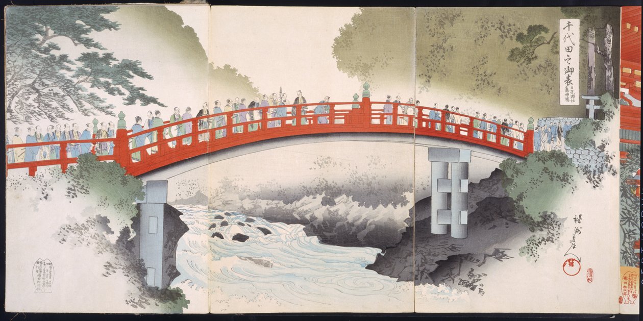Prosesjon over en elv inn i et tempel, fra et album med tresnitt fra 1800-tallet (farget treblokktrykk) av Japanese School