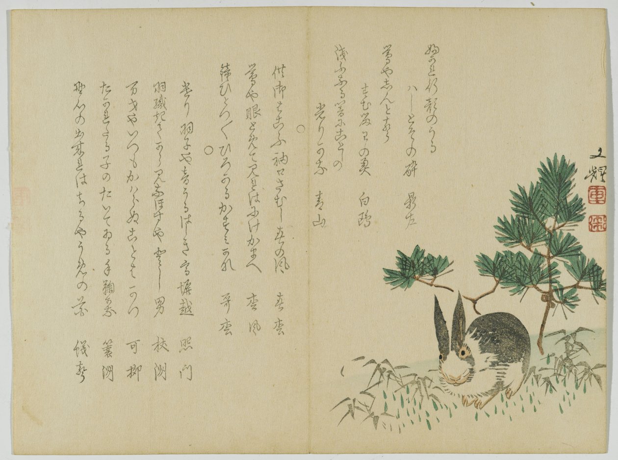 Kanin under New Years Pine, ca. 1860 (treblokktrykk) av Japanese School