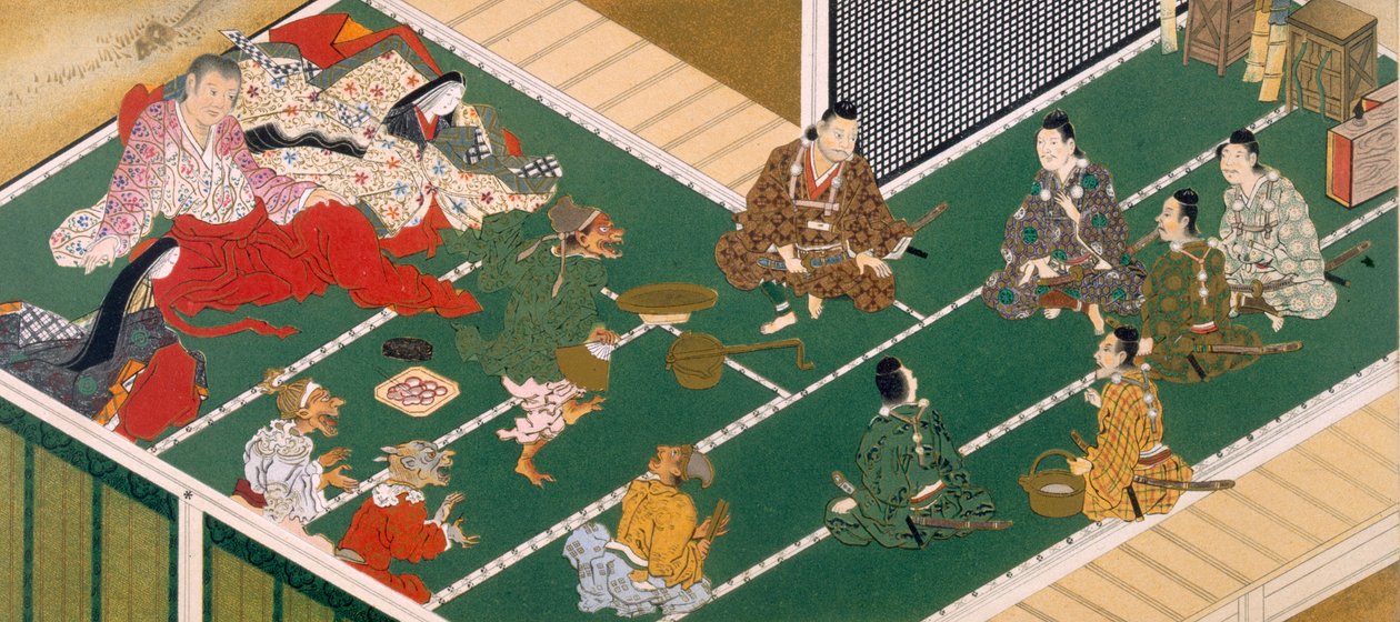 Raiko og kameratene før demonrøveren (farget treblokktrykk) av Japanese School