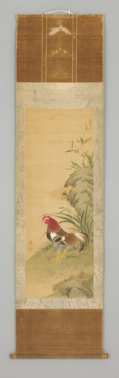 Rooster by a Rock, sent 18. eller tidlig 19 århundre (hengende rulle: blekk og farge på silke, tre) av Japanese School