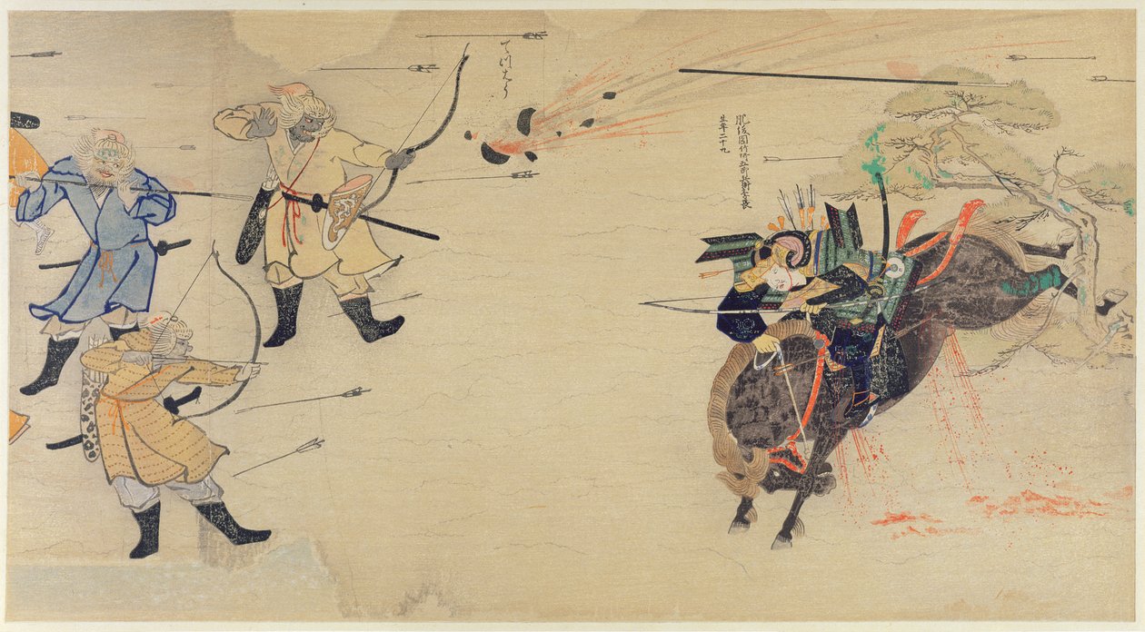 Samurai Takezaki anklager mongolske inntrengere mens skjell eksploderer over hodet under de mongolske invasjonene av Japan i 1274, illustrasjon fra magasinet Kokka, mai 1921 av Japanese School
