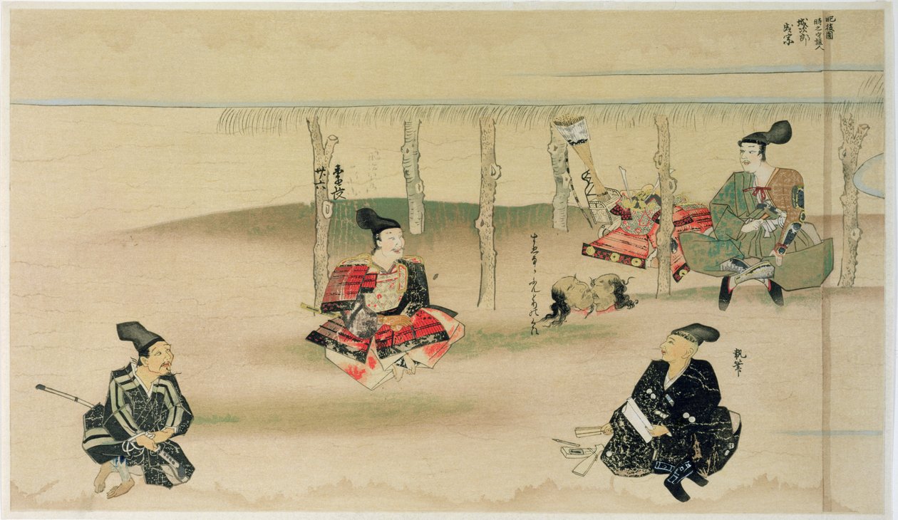 Samurai Takezaki leverer hodene til to mongolske inntrengere til Adachi Morinume under den mongolske invasjonen av Japan i 1274, illustrasjon fra magasinet Kokka, mai 1921 av Japanese School