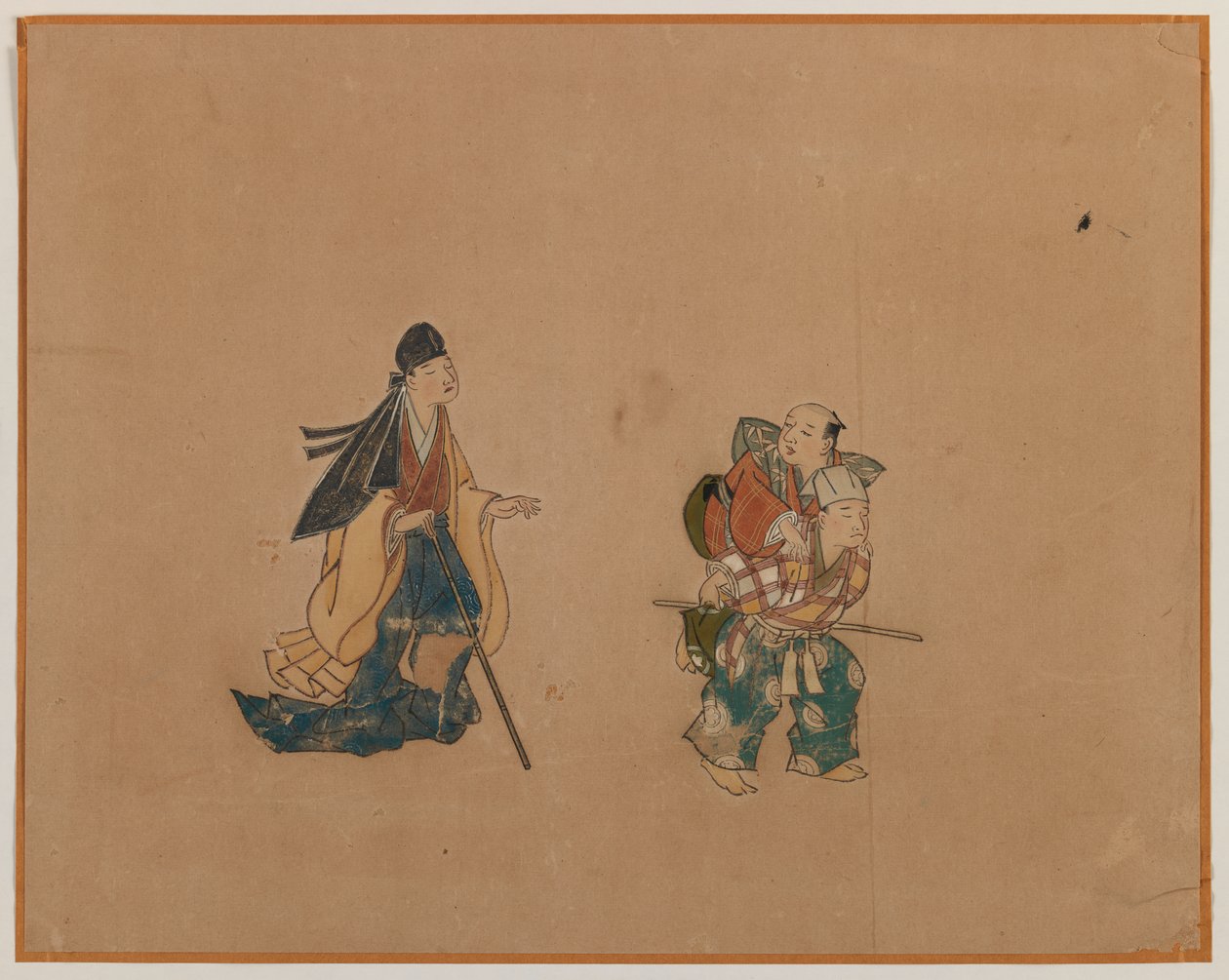 Samurai and Two Blindmen, Album Leaf Painting (blekk og farge på papir) av Japanese School