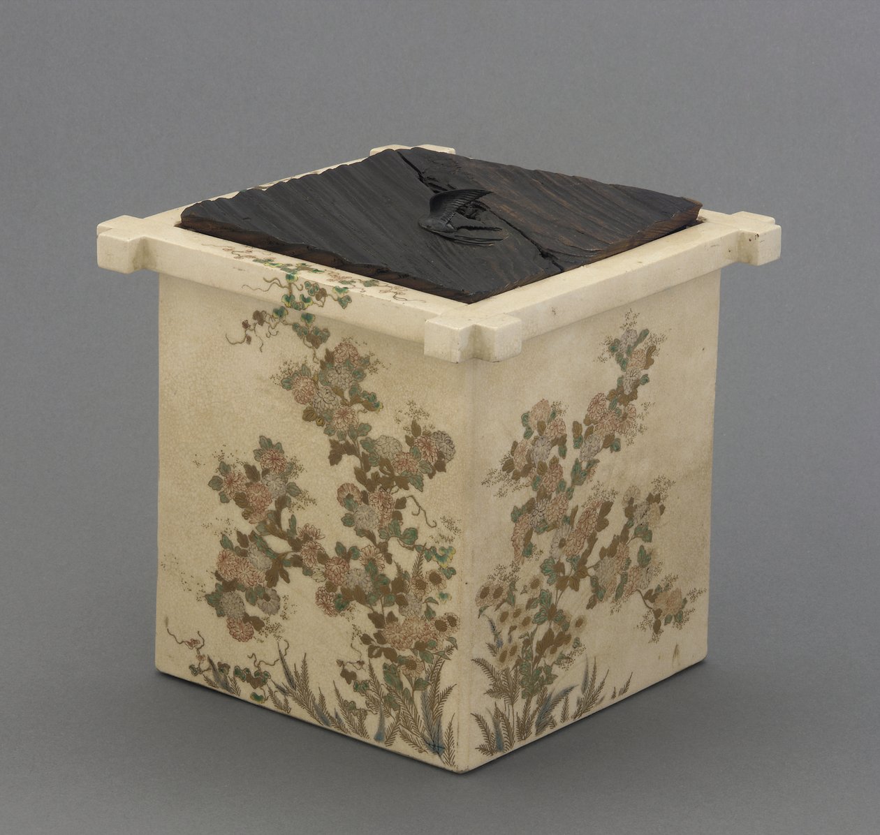 Satsuma ware te-seremoni vannkrukke i form av en brønnkant, teseremoni vannkrukke (mizusashi) av Japanese School