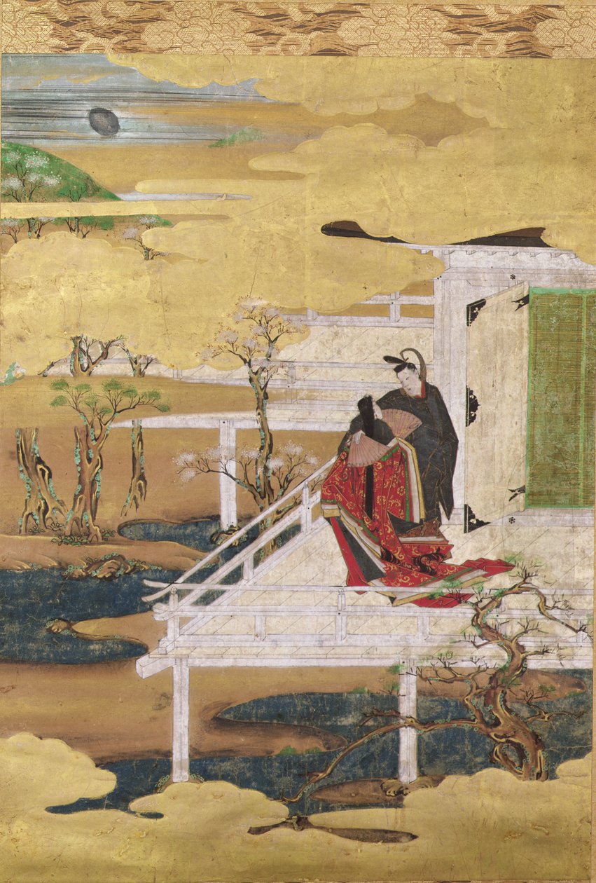 Scene fra Tale of Genji (blekkfarge og bladgull på papir) av Japanese School