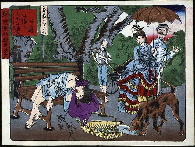 Scene i Uéno Park i Japan: En barnekurer sover på en benk og blir stjålet fra en hund - japansk trykk av Japanese School