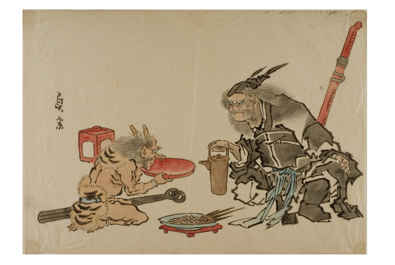 Shoki serverer sake til en demon, ca. 1895-1905 (blekk på papir) av Japanese School