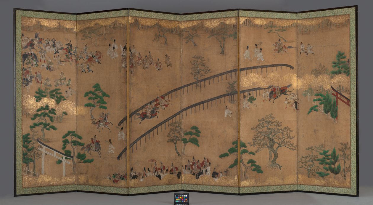 Skjerm med seks paneler: Hesteveddeløp på Kamo Helligdom, tidlig på 1700-tallet (blekk, gullpigment, farge og bladgull på papir) av Japanese School