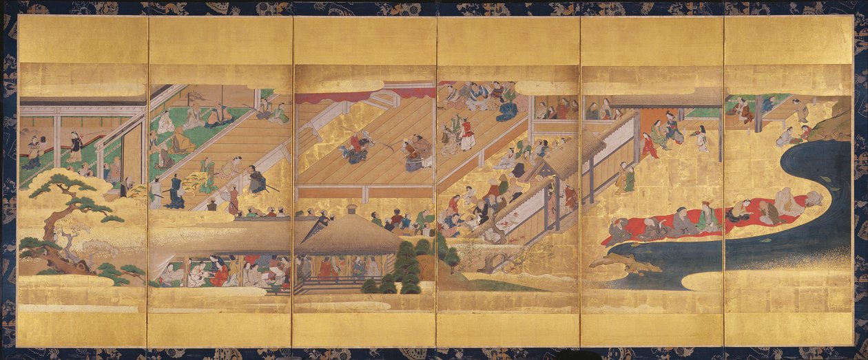 Seksfolds skjerm med Noh Play Funa-Benkei, c.1660 (farge, gofun & blekk & gull på papir) av Japanese School