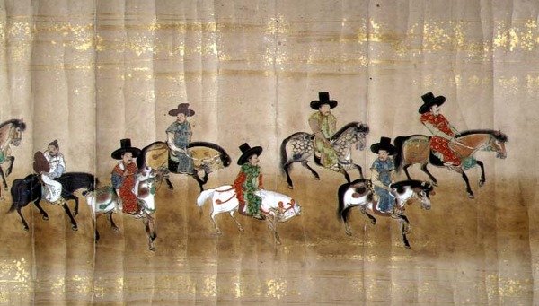 Sjette koreanske ambassade til Japan i Meireki 1 på tidspunktet for Tokugawa Ietsunas arvefølge i 1651, muligens av Kano Masunobu (1625-94) (rullemaleri) (detalj) av Japanese School