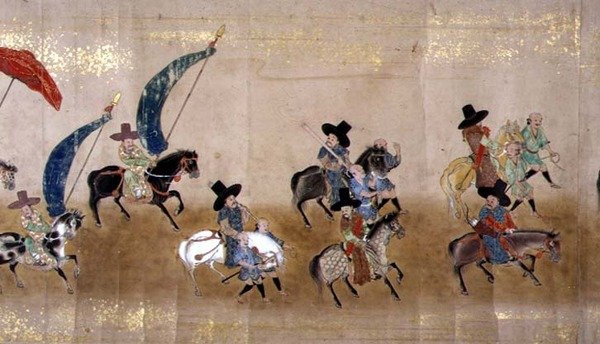 Sjette koreanske ambassade til Japan i Meireki 1 på tidspunktet for Tokugawa Ietsunas arvefølge i 1651, muligens av Kano Masunobu (1625-94) (rullemaleri) (detalj) av Japanese School