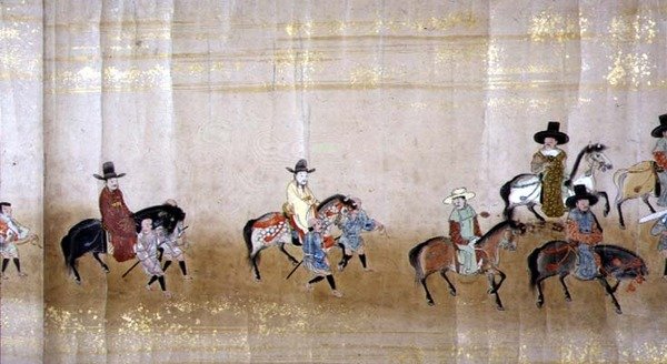Sjette koreanske ambassade til Japan i Meireki 1 på tidspunktet for Tokugawa Ietsunas arvefølge i 1651, muligens av Kano Masunobu (1625-94) (rullemaleri) (detalj) av Japanese School