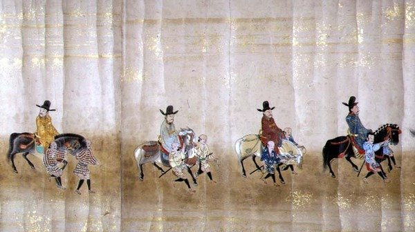 Sjette koreanske ambassade til Japan i Meireki 1 på tidspunktet for Tokugawa Ietsunas arvefølge i 1651, muligens av Kano Masunobu (1625-94) (rullemaleri) (detalj) av Japanese School