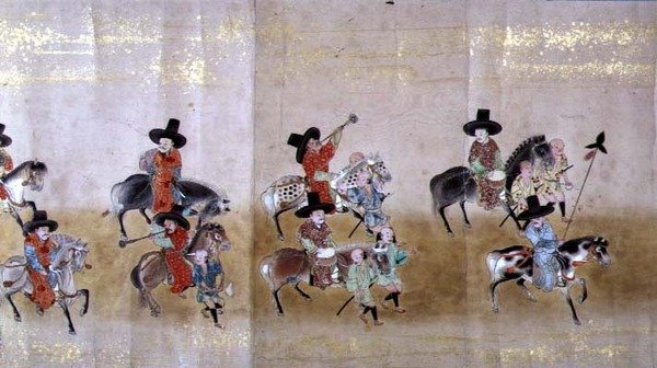 Sjette koreanske ambassade til Japan i Meireki 1 på tidspunktet for Tokugawa Ietsunas arvefølge i 1651, muligens av Kano Masunobu (1625-94) (rullemaleri) (detalj) av Japanese School