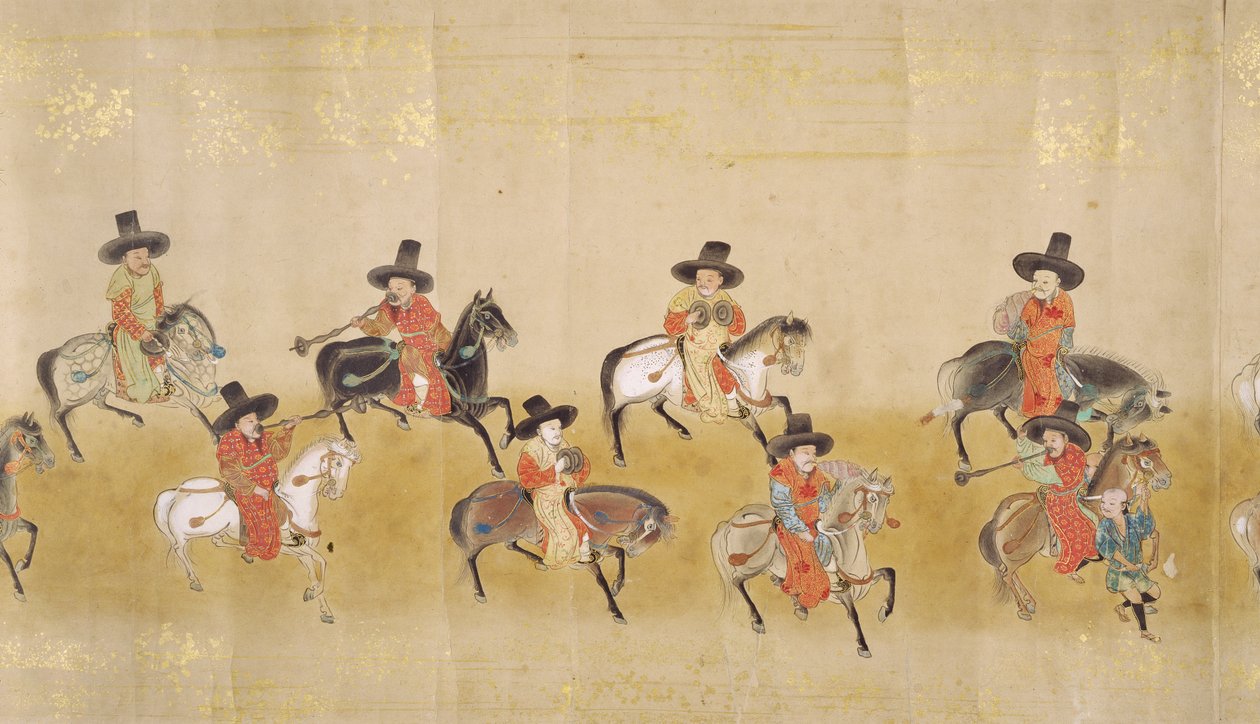 Sjette koreanske ambassade til Japan i Meireki 1 på tidspunktet for Tokugawa Ietsunas etterfølgelse i 1651, muligens av Kano Masunobu (1625-94) (rullemaleri) (detalj) av Japanese School