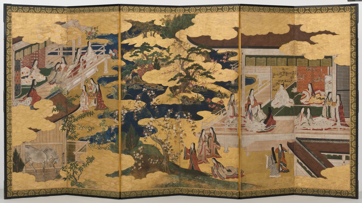 Spring in the Palace, seksdobbel skjerm fra The Tale of Genji, ca. 1650 (blekk, farger og gull på papir) av Japanese School