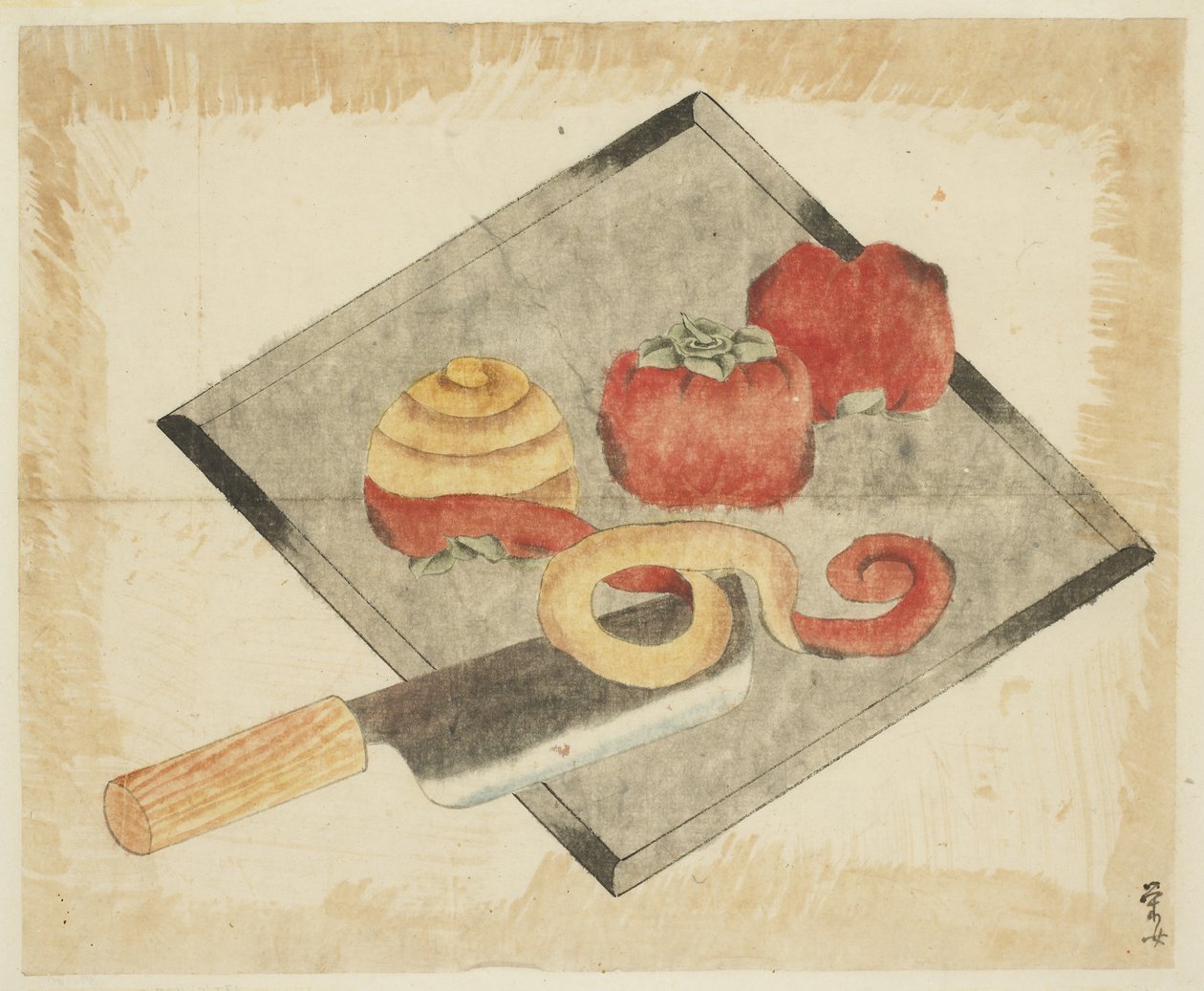 Stilleben med persimmons og kniv av Japanese School
