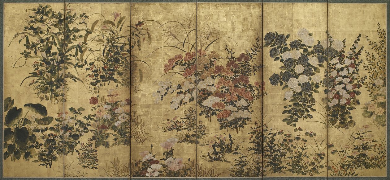 Sommer- og høstblomster, Edo-perioden, 1615-68 (farge over gullpapir) av Japanese School