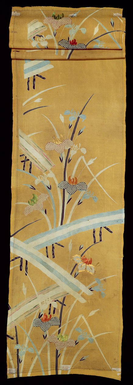 Tekstilprøve med iris og broer (brodert silke med stensildetaljer) av Japanese School