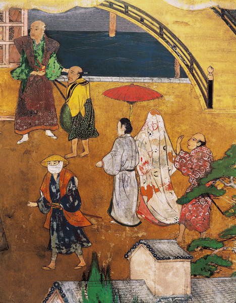 Portugisernes ankomst til Japan, detalj av et gatebilde, fra en Namban Byobu-skjerm, 1594-1618 av Japanese School