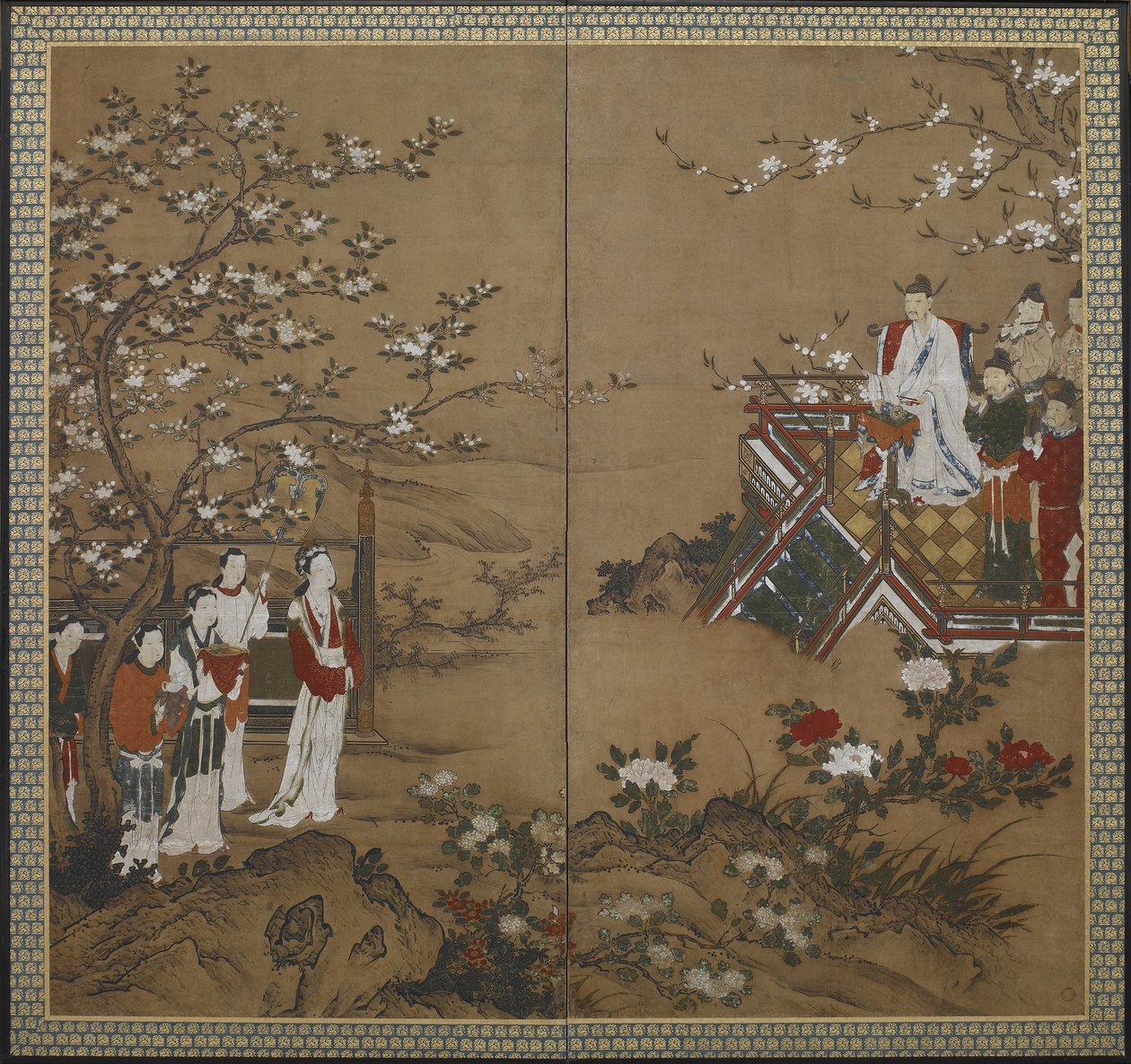 Den kinesiske keiseren Ming Huang og hans konkubine Yang Kuei-fei leker og synger for å få blomstene til å blomstre, Edo-perioden (farge og gull på papir) av Japanese School