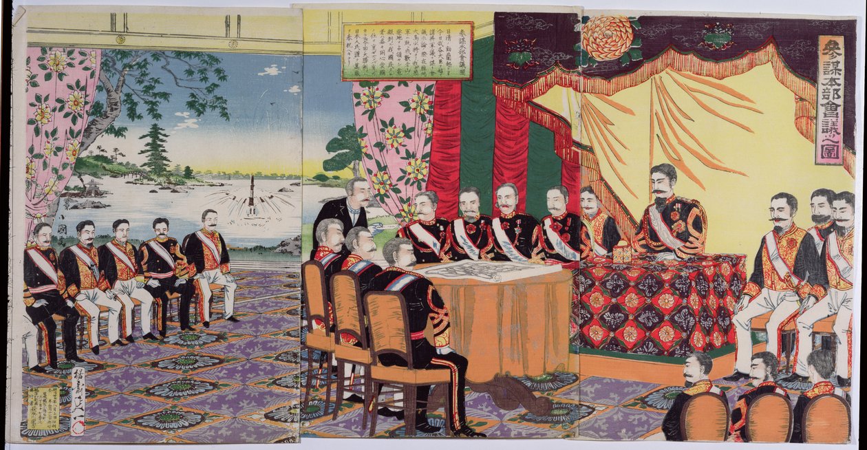 The Emperor Mutsuhito (1852-1912) Holding a Council of War , en episode fra den kinesisk-japanske krigen, sent på 1800-tallet (farget treblokktrykk) (se også 176842) av Japanese School