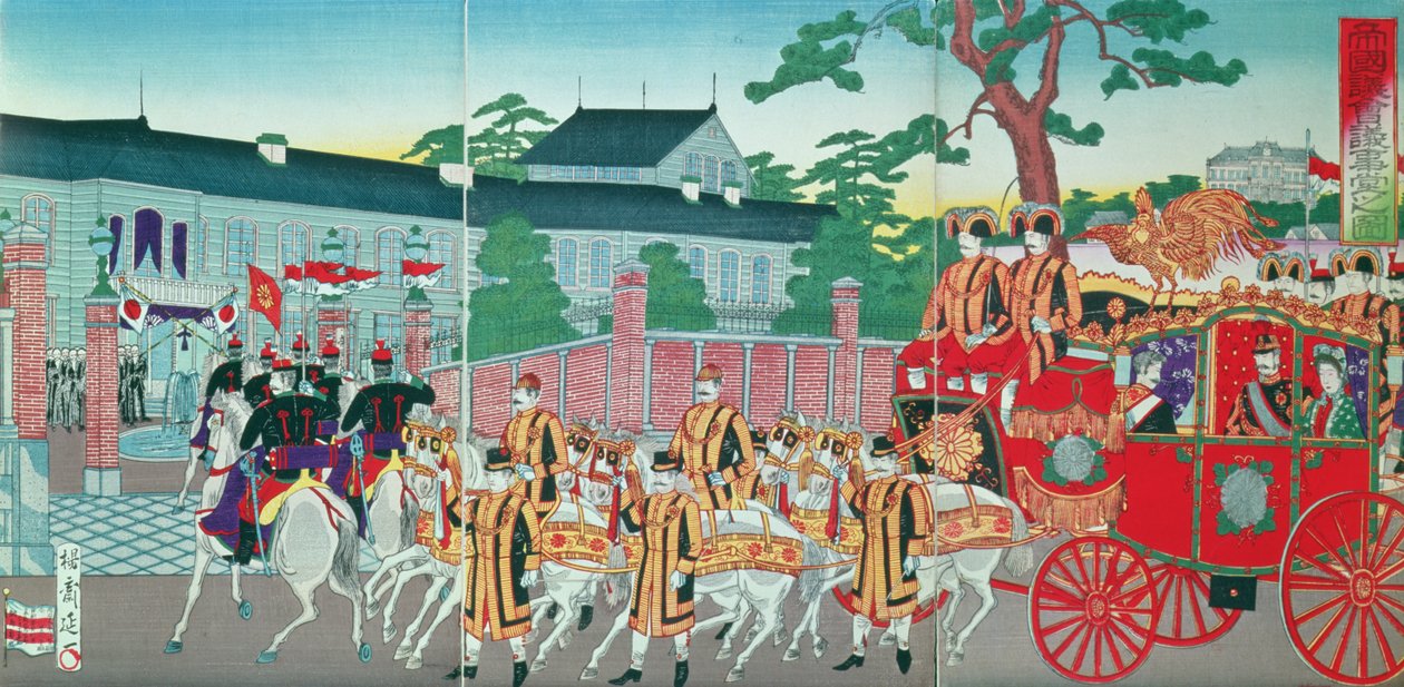 Keiseren Mutsuhito (1852-1912) vender tilbake til palasset sitt i Tokyo, sent på 1800-tallet (farget treblokktrykk) av Japanese School