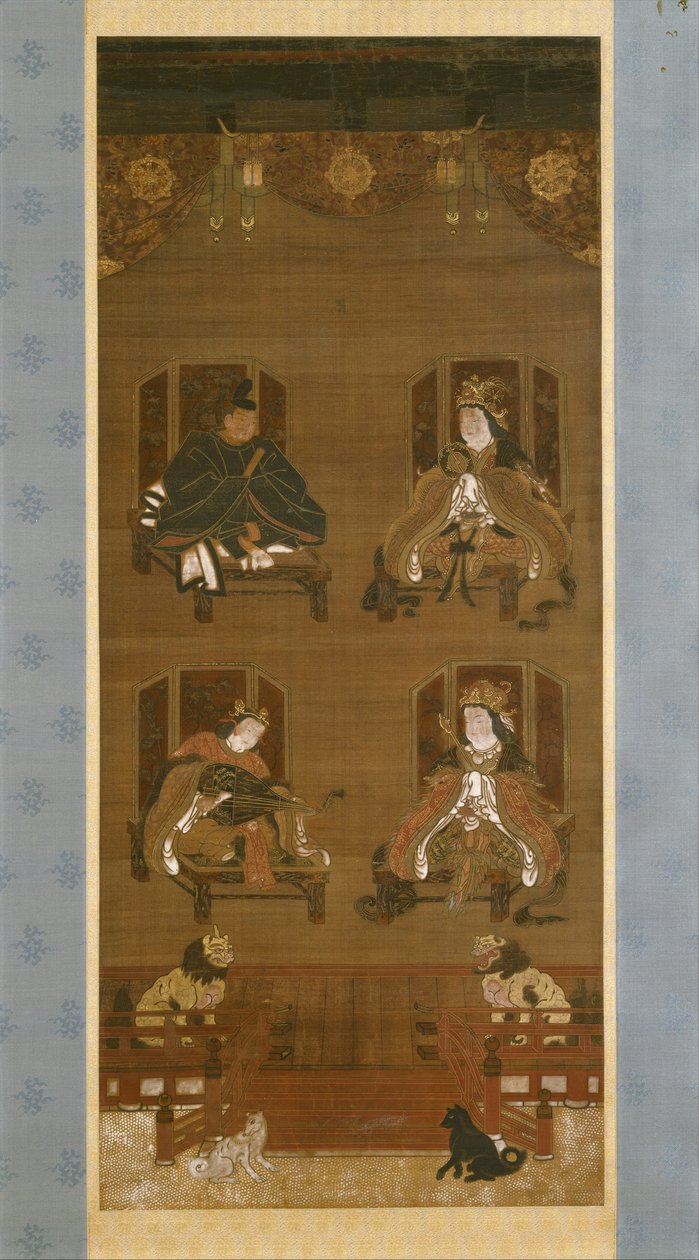 The Four Deities of K?yasan Temple Complex, sent på 1300-tallet, Nanbokuch? periode (1336–92), hengende rulle (blekk, farge og gull på silke) av Japanese School