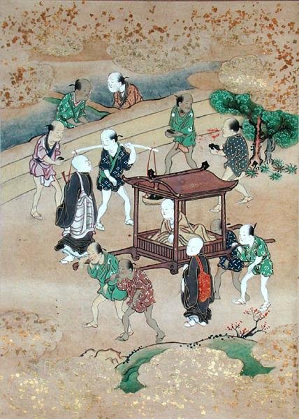 Munken Shogaku (1126-1235) Reiser i en Koshi (akvarell på papir) av Japanese School