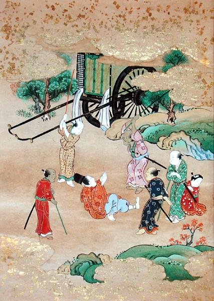 Munken Shogaku (1126-1235) blir angrepet av brigander (akvarell på papir) av Japanese School