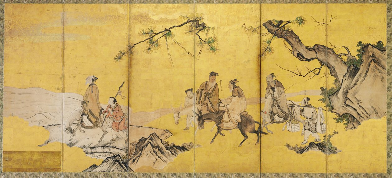 The Seven Sages of the Bamboo Grove, Kan? skole (blekk, farge, gull og bladgull på papir) av Japanese School