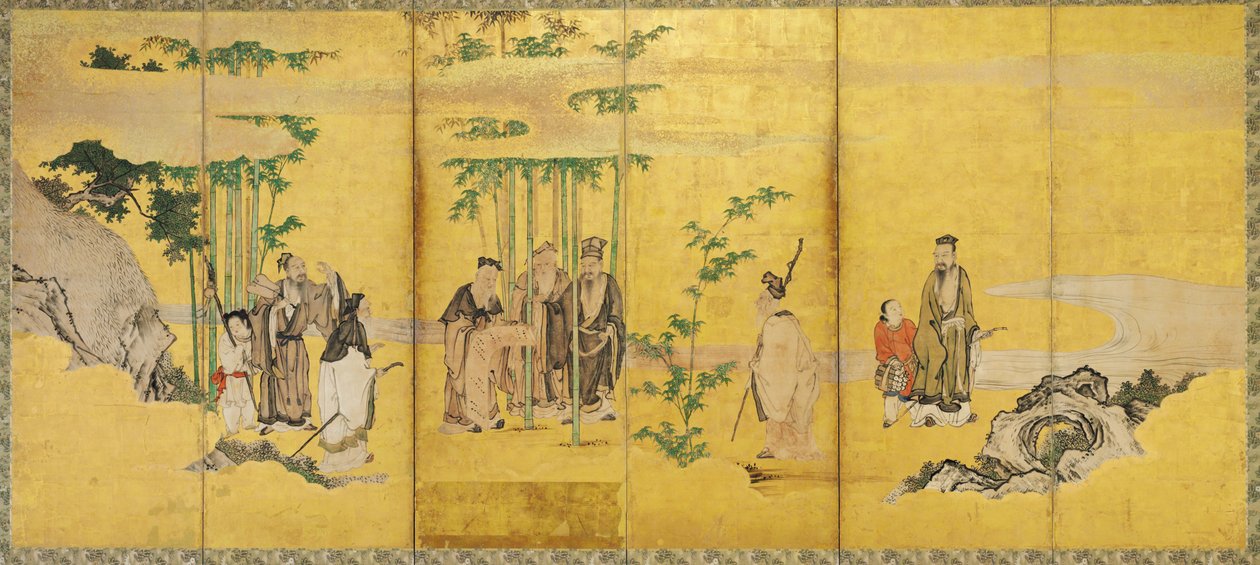 The Seven Sages of the Bamboo Grove, Kan? skole (blekk, farge, gull og bladgull på papir) av Japanese School