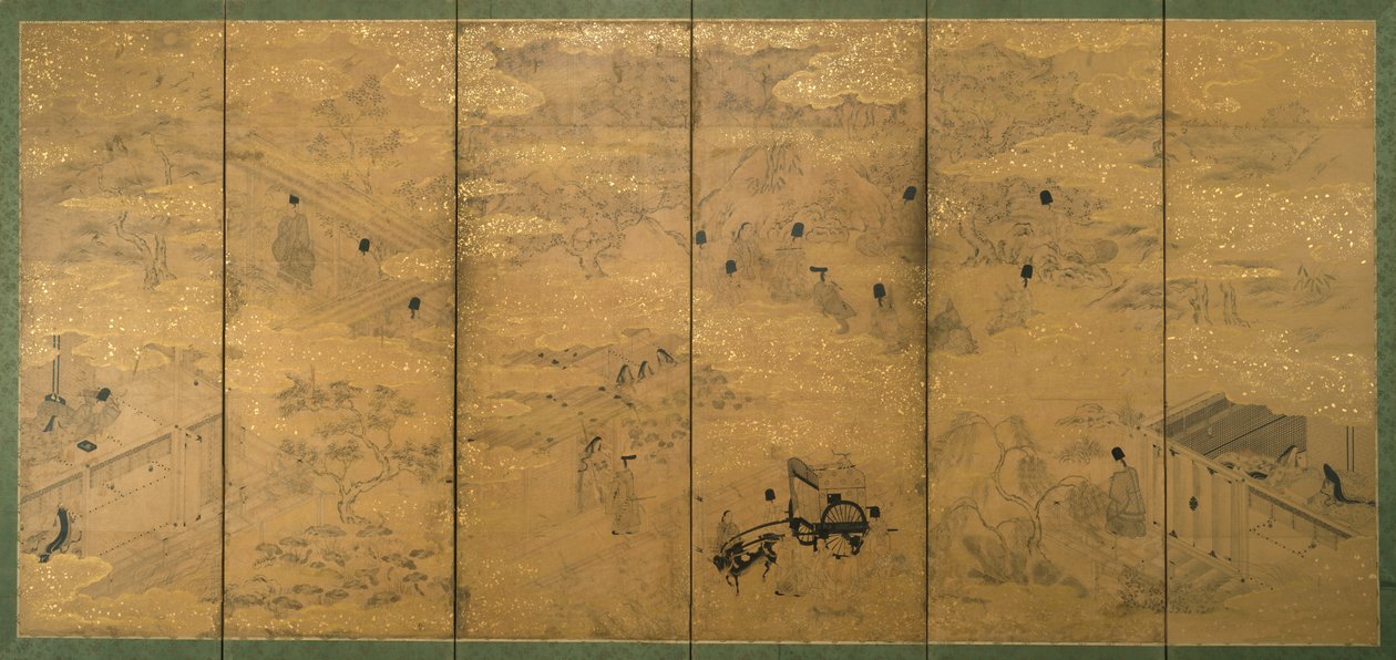 The Tale of Genji, sent på 1600- og tidlig på 1700-tallet (blekk med pigment og bladgull på glimmerpapir) (par av 171423) av Japanese School
