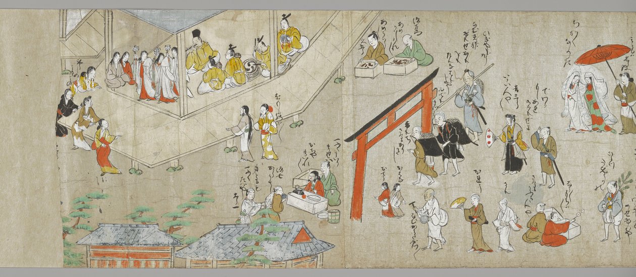Tenjin Shrine Scrolls (en av et par) (detalj), Tosa School, 1600-tallet (blekk, farger og gofun på papir) (se også 5846316) av Japanese School