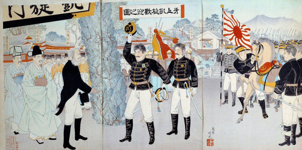 Fremveksten av Empire of Japan: representasjon av det tidligere japanske samfunnet på venstresiden basert på et feodalsystem og det nye til høyre, vendt mot utviklingen av de militære styrkene som ville føre Japan til kriger mot Kina og Russland. av Japanese School