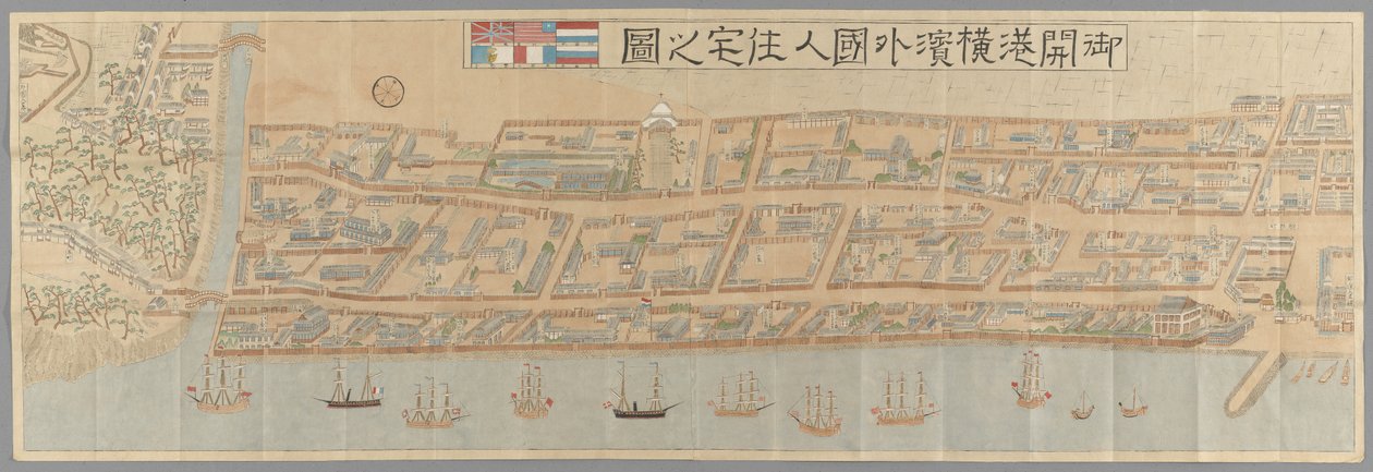 Topografisk visning av den utenlandske bosetningen i Yokohama etter åpningen av traktathavnene i 1859, som viser individuelle tomter okkupert av navngitte britiske, amerikanske nederlandske og portugisiske bedrifter og husholdninger. Udatert men mellom 186 av Japanese School