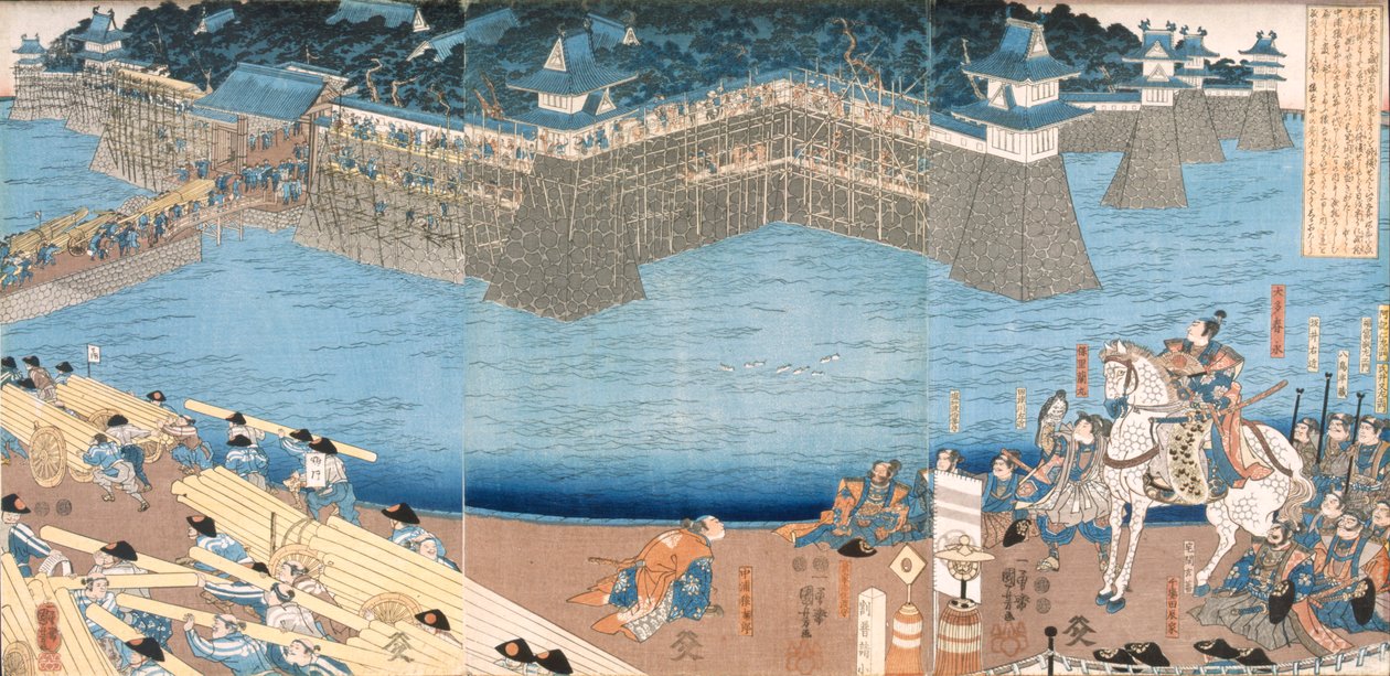 Triptyk som viser et fort som bygges ved elven Kunigos, Edo-perioden 1603-1868. av Japanese School